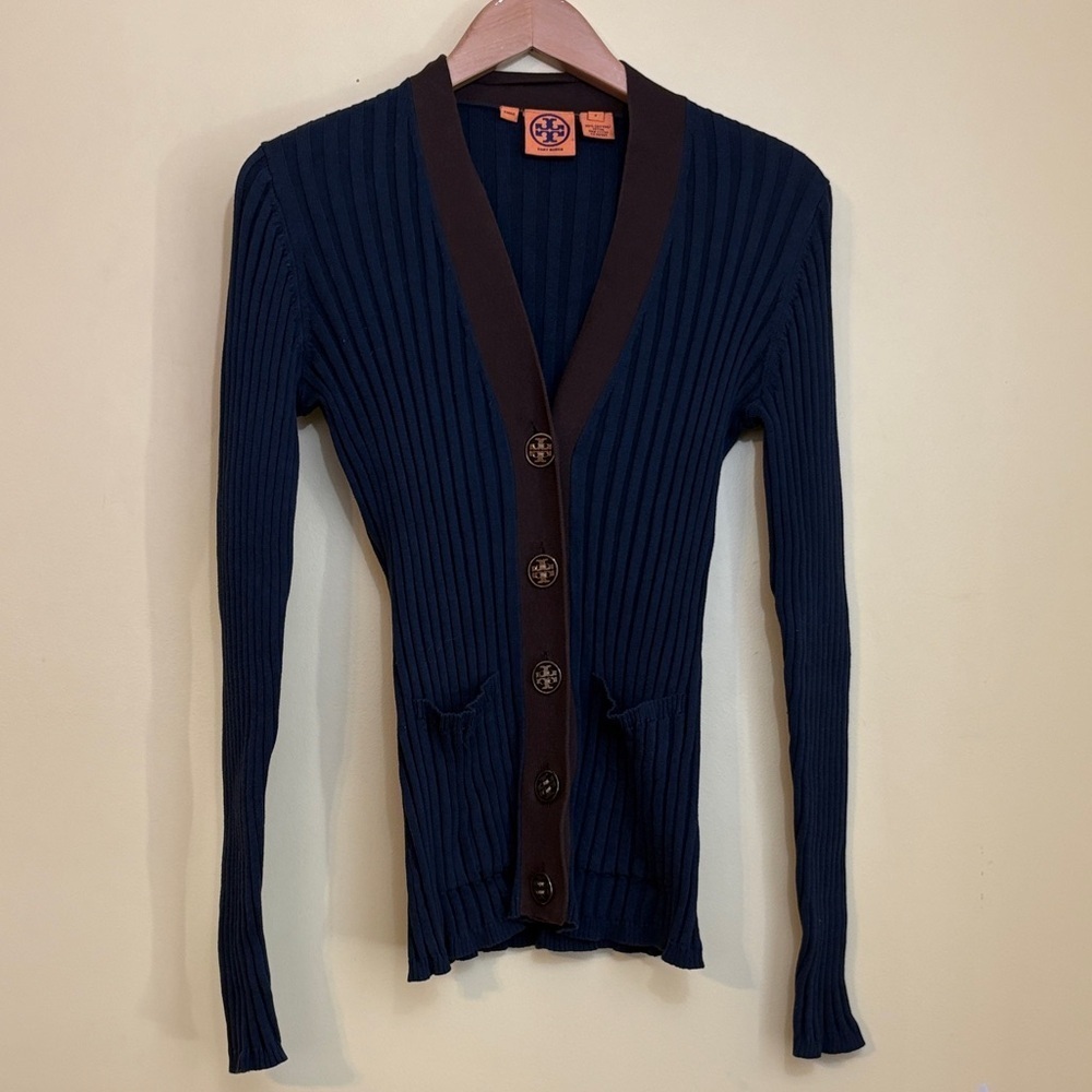 Tory Burch Simone Navy Brown Ribbed 100% Cotton V Neck Button Knit Cardigan S - Picture 3 of 13